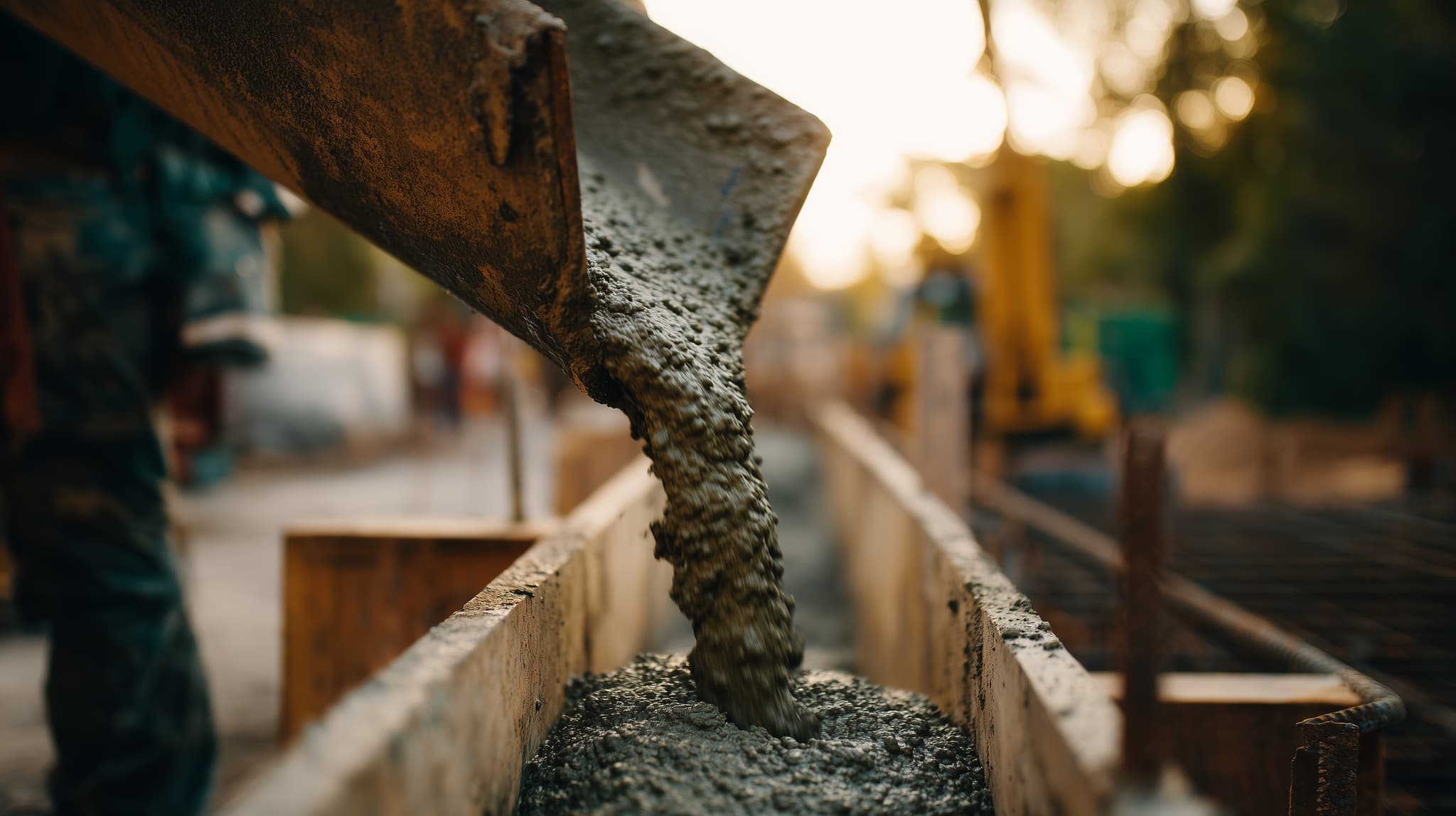 A close-up action shot of wet concrete being poured from a metal chute.